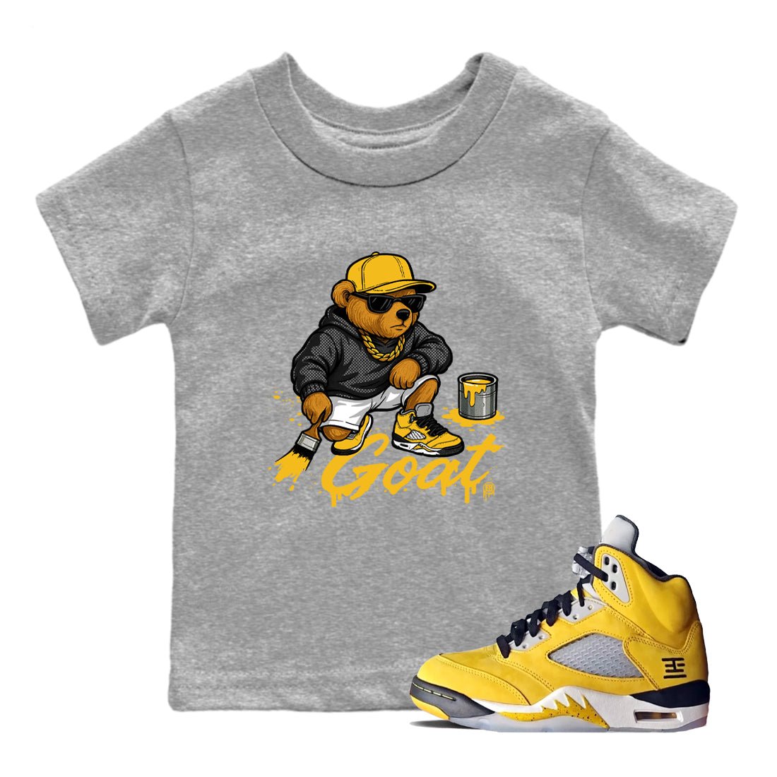 Drip The GOAT baby and kids t-shirt crafted for little sneakerheads to shine with the 5s Tokyo sneakers, displayed in Heather Grey 1.