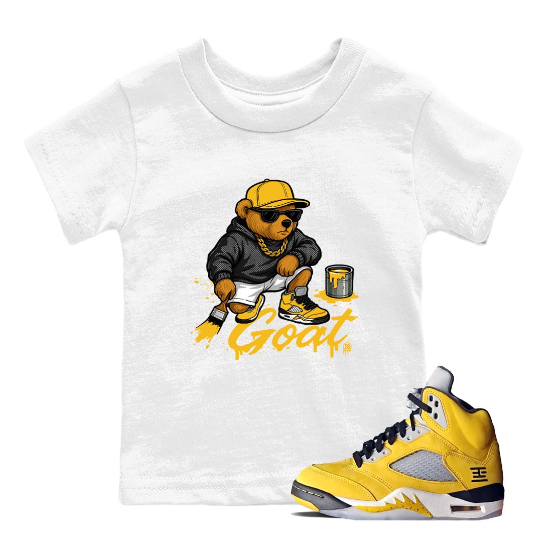 Drip The GOAT baby and kids t-shirt crafted for little sneakerheads to shine with the 5s Tokyo sneakers, displayed in White 1.