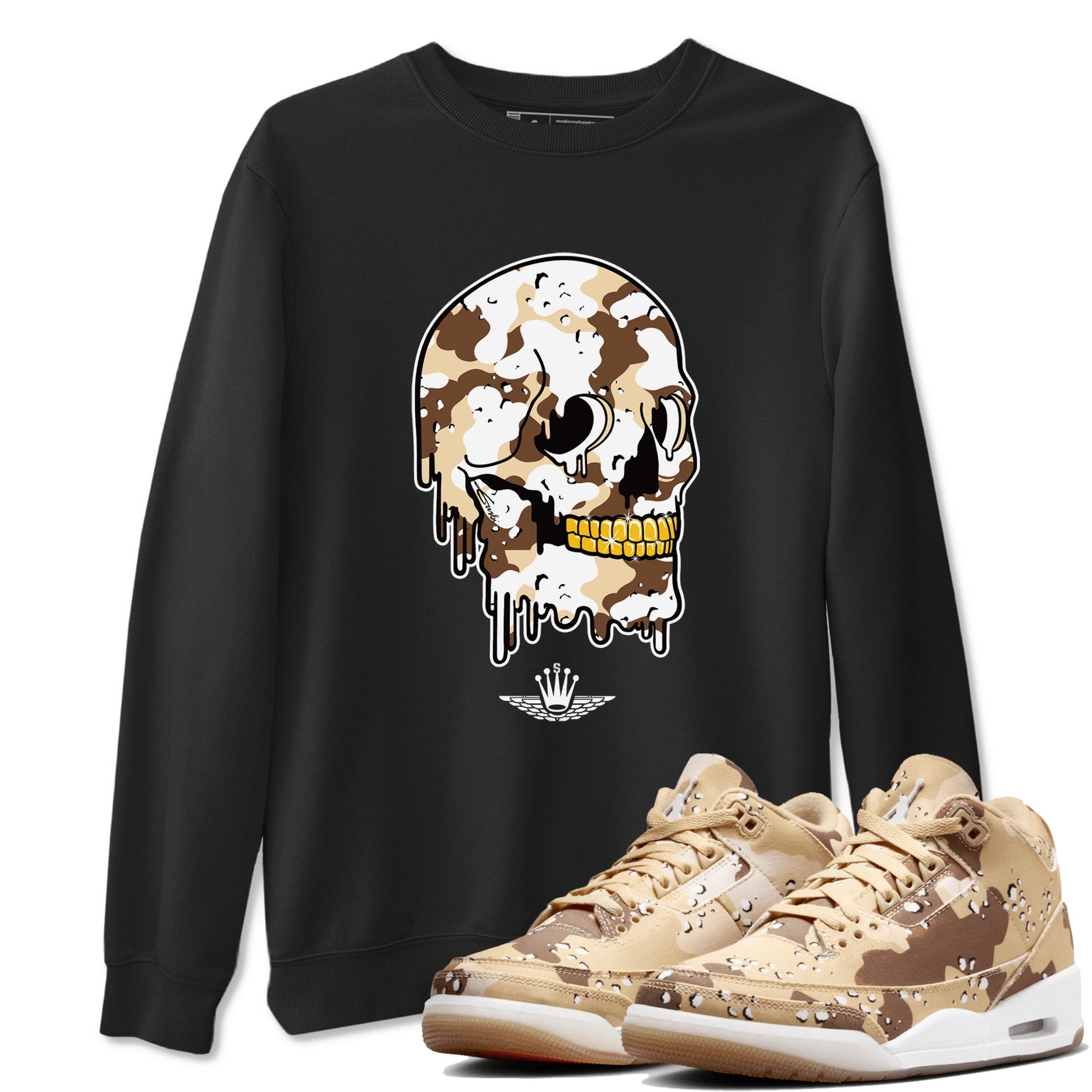 WNBA x Air Jordan 3 “Desert Camo” shirts to match jordans Dripping Camo Skull sneaker match tees Air Jordan 3 Desert Camo SNRT Sneaker Release Tees Clothing Sneakerhead ShirtsBlack 1 unisex cotton tee
