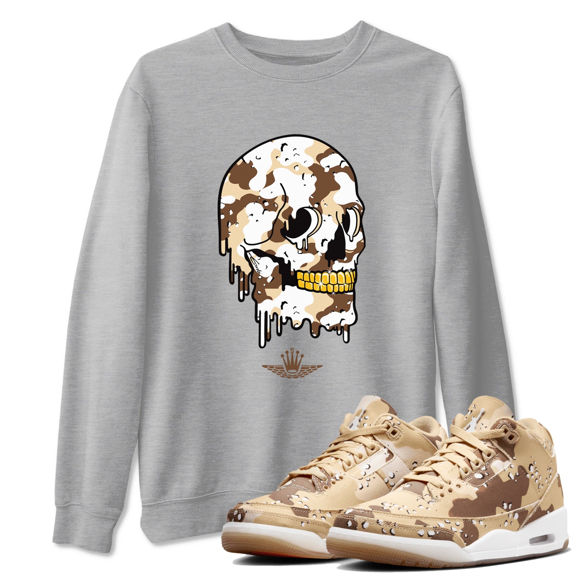 WNBA x Air Jordan 3 “Desert Camo” shirts to match jordans Dripping Camo Skull sneaker match tees Air Jordan 3 Desert Camo SNRT Sneaker Release Tees Clothing Sneakerhead ShirtsHeather Grey 1 unisex cotton tee