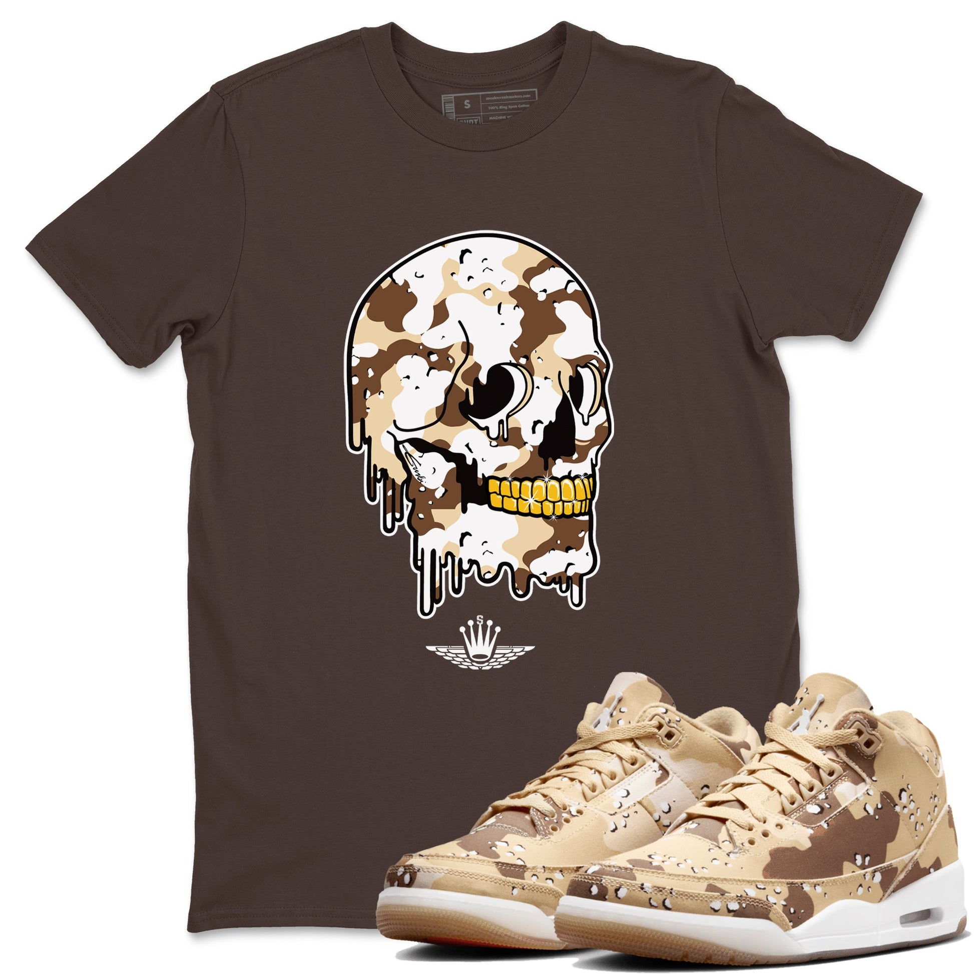 WNBA x Air Jordan 3 “Desert Camo” shirts to match jordans Dripping Camo Skull sneaker match tees Air Jordan 3 Desert Camo SNRT Sneaker Release Tees Clothing Sneakerhead ShirtsDark Chocolate 1 unisex cotton tee