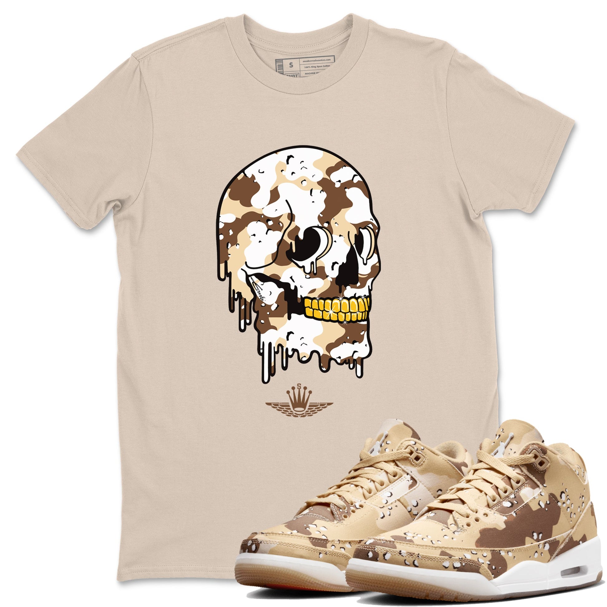 WNBA x Air Jordan 3 “Desert Camo” shirts to match jordans Dripping Camo Skull sneaker match tees Air Jordan 3 Desert Camo SNRT Sneaker Release Tees Clothing Sneakerhead ShirtsSand 1 unisex cotton tee