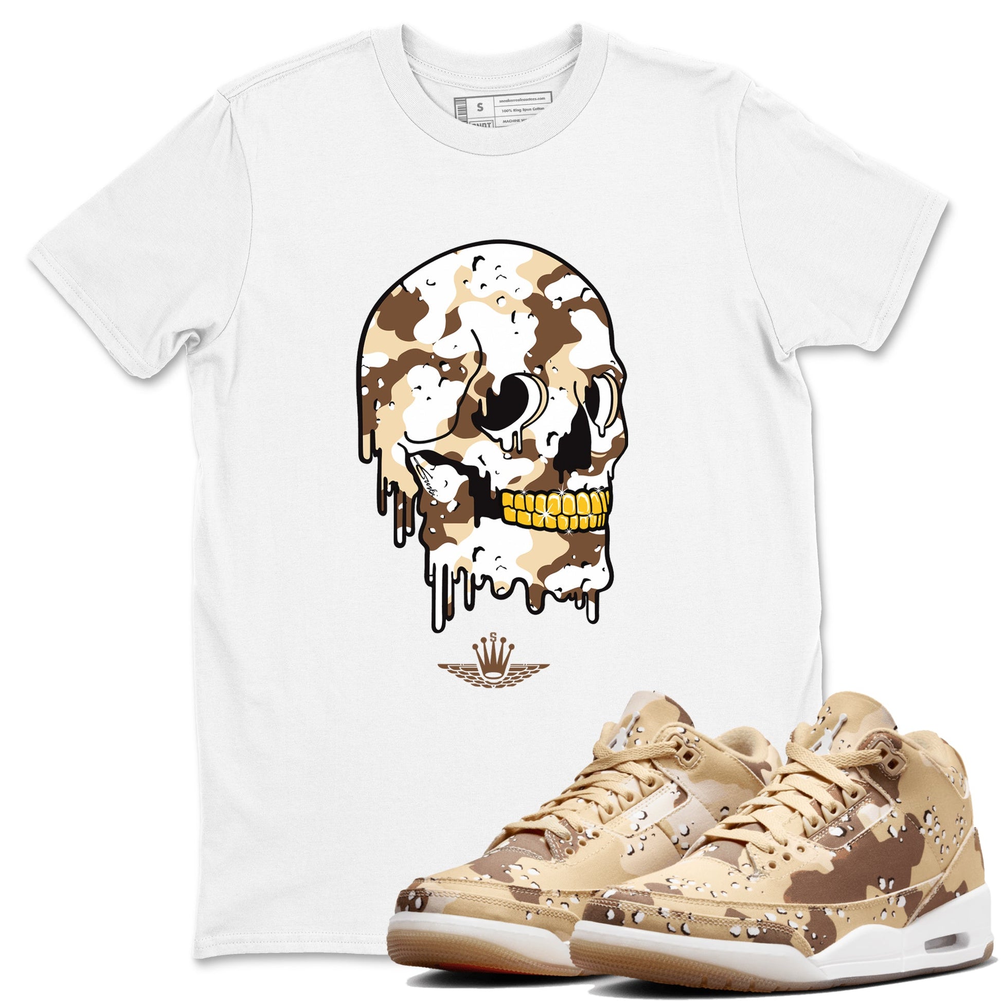 WNBA x Air Jordan 3 “Desert Camo” shirts to match jordans Dripping Camo Skull sneaker match tees Air Jordan 3 Desert Camo SNRT Sneaker Release Tees Clothing Sneakerhead ShirtsWhite 1 unisex cotton tee