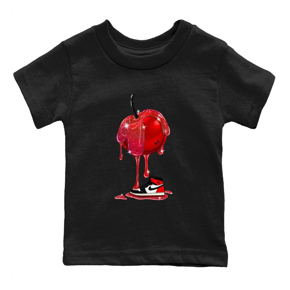 1s Black Toe Reimagined shirts to match jordans Dripping Cherries sneaker match tees Air Jordan 1 Black Toe Reimagined SNRT Sneaker Tees streetwear brand Baby and Youth Black 2 cotton tee