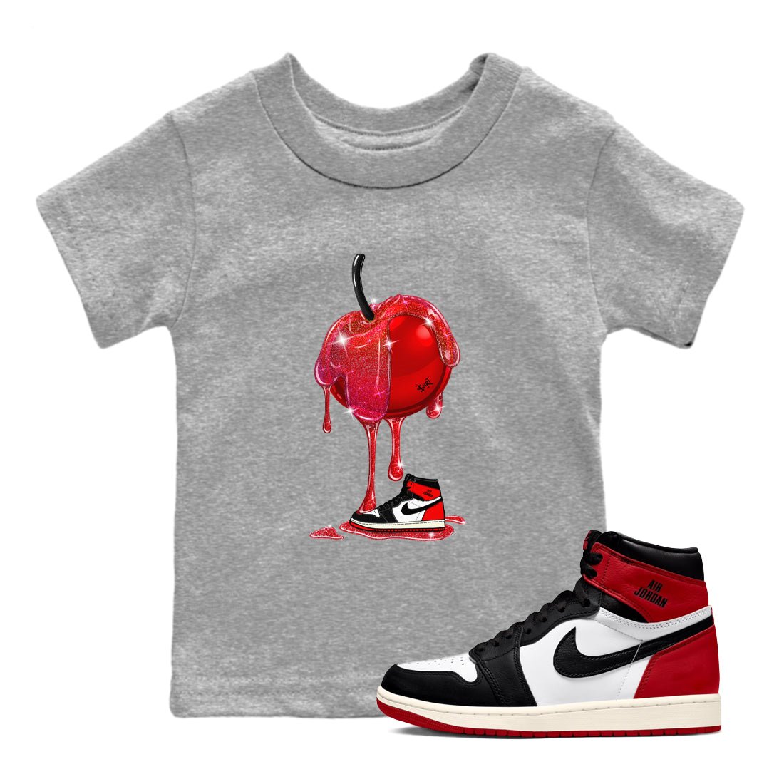 1s Black Toe Reimagined shirts to match jordans Dripping Cherries sneaker match tees Air Jordan 1 Black Toe Reimagined SNRT Sneaker Tees streetwear brand Baby and Youth Heather Grey 1 cotton tee