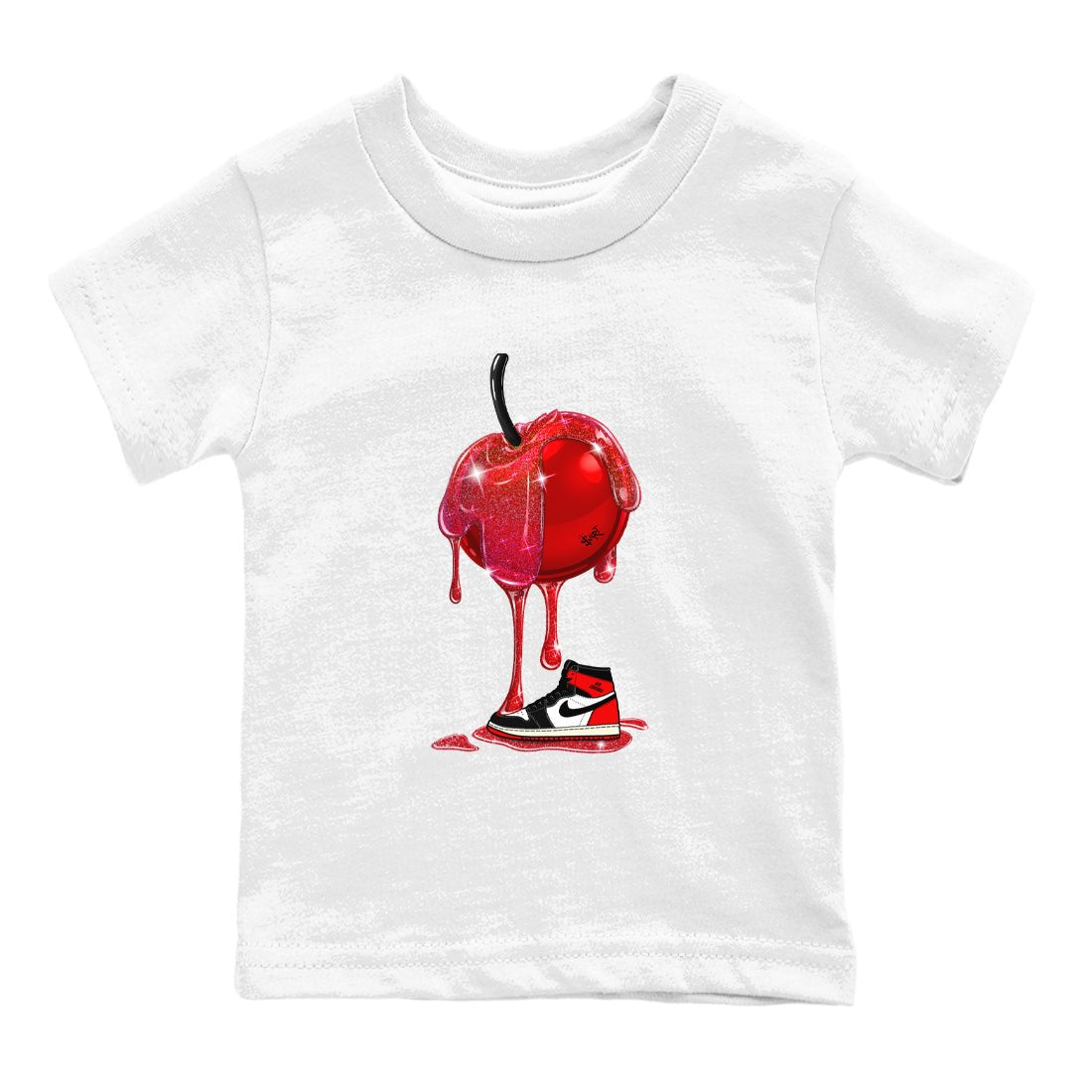 1s Black Toe Reimagined shirts to match jordans Dripping Cherries sneaker match tees Air Jordan 1 Black Toe Reimagined SNRT Sneaker Tees streetwear brand Baby and Youth White 2 cotton tee