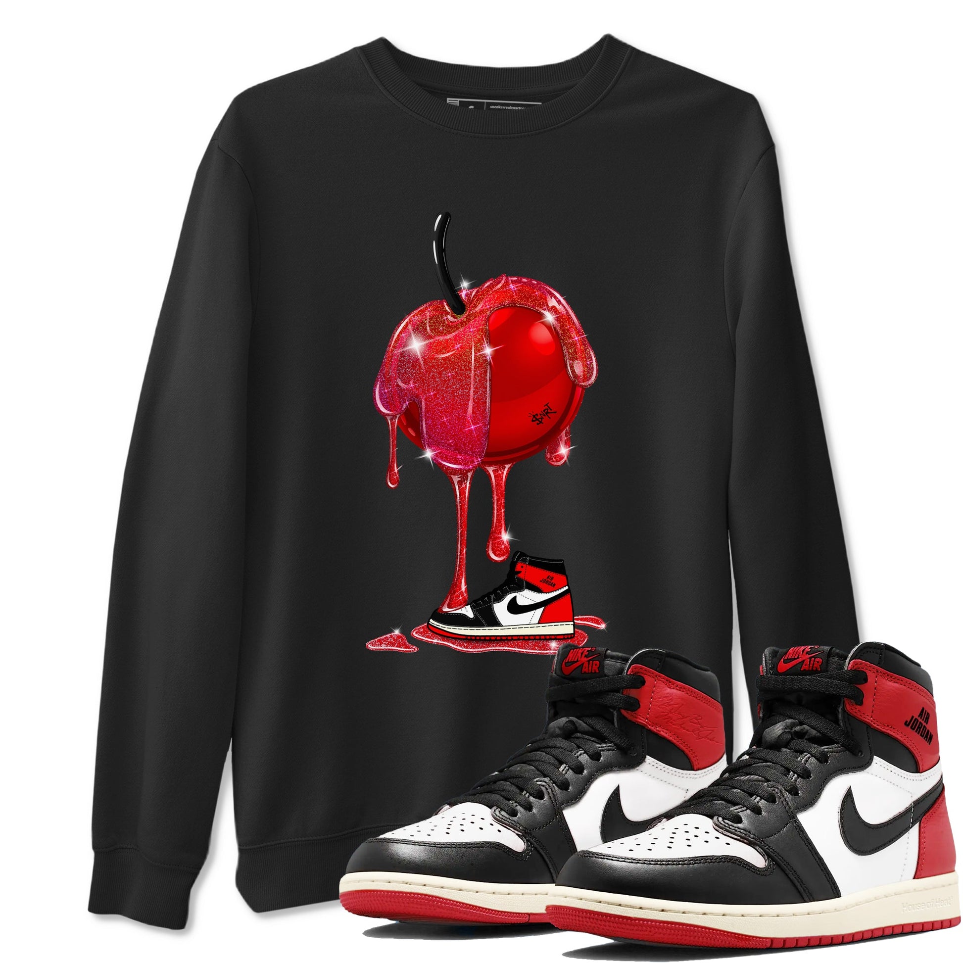 1s Black Toe Reimagined shirts to match jordans Dripping Cherries sneaker match tees Air Jordan 1 Black Toe Reimagined SNRT Sneaker Tees streetwear brand Black 1 unisex cotton tee