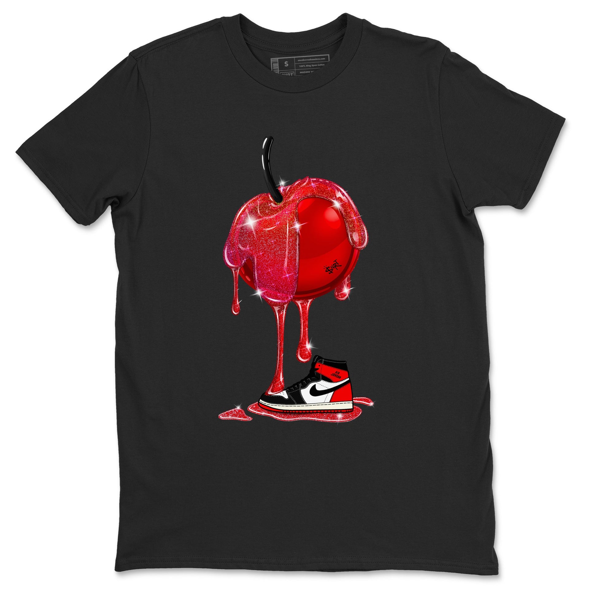 1s Black Toe Reimagined shirts to match jordans Dripping Cherries sneaker match tees Air Jordan 1 Black Toe Reimagined SNRT Sneaker Tees streetwear brand Black 2 unisex cotton tee