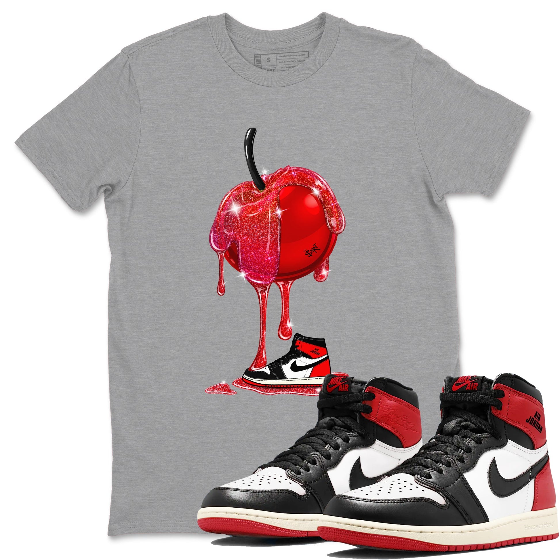 1s Black Toe Reimagined shirts to match jordans Dripping Cherries sneaker match tees Air Jordan 1 Black Toe Reimagined SNRT Sneaker Tees streetwear brand Heather Grey 1 unisex cotton tee