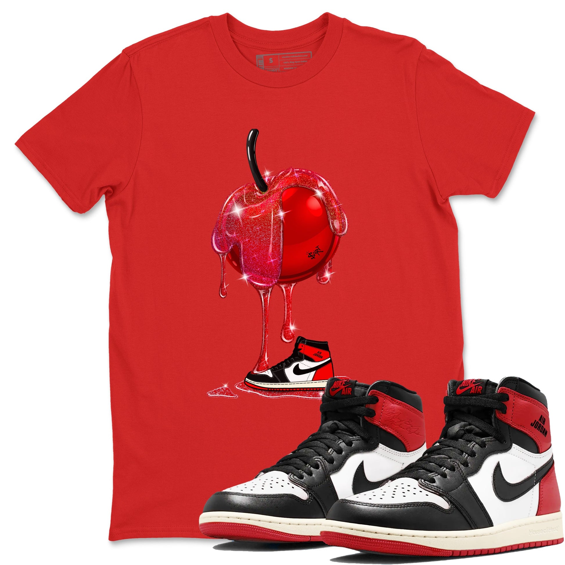 1s Black Toe Reimagined shirts to match jordans Dripping Cherries sneaker match tees Air Jordan 1 Black Toe Reimagined SNRT Sneaker Tees streetwear brand Red 1 unisex cotton tee