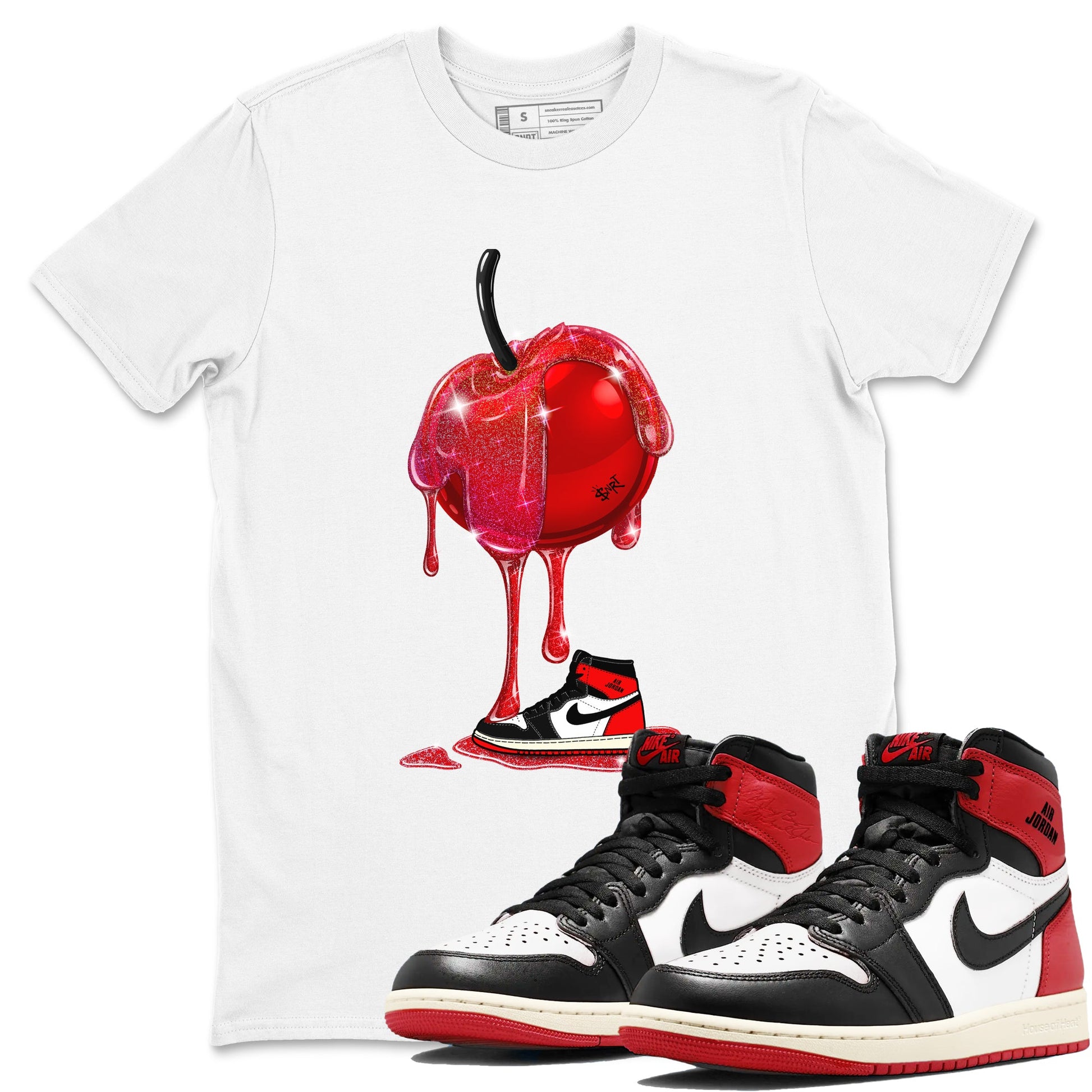 1s Black Toe Reimagined shirts to match jordans Dripping Cherries sneaker match tees Air Jordan 1 Black Toe Reimagined SNRT Sneaker Tees streetwear brand White 1 unisex cotton tee