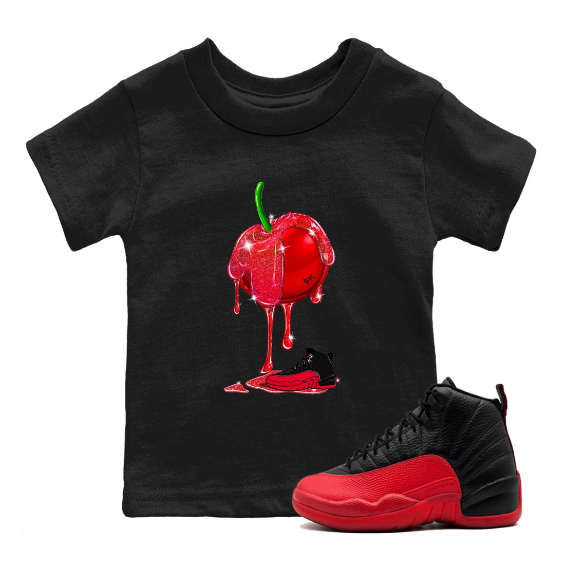 12s Flu Game shirts to match jordans Dripping Cherries best t shirts to wear with jordans Air Jordan 12 Retro Flu Black and Varsity Red match shoes to clothes SNRT Sneaker Tees Youth Baby Black 1 tee