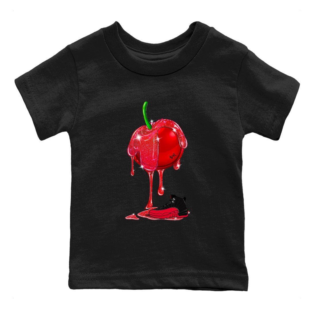 12s Flu Game shirts to match jordans Dripping Cherries best t shirts to wear with jordans Air Jordan 12 Retro Flu Black and Varsity Red match shoes to clothes SNRT Sneaker Tees Youth Baby Black 2 tee
