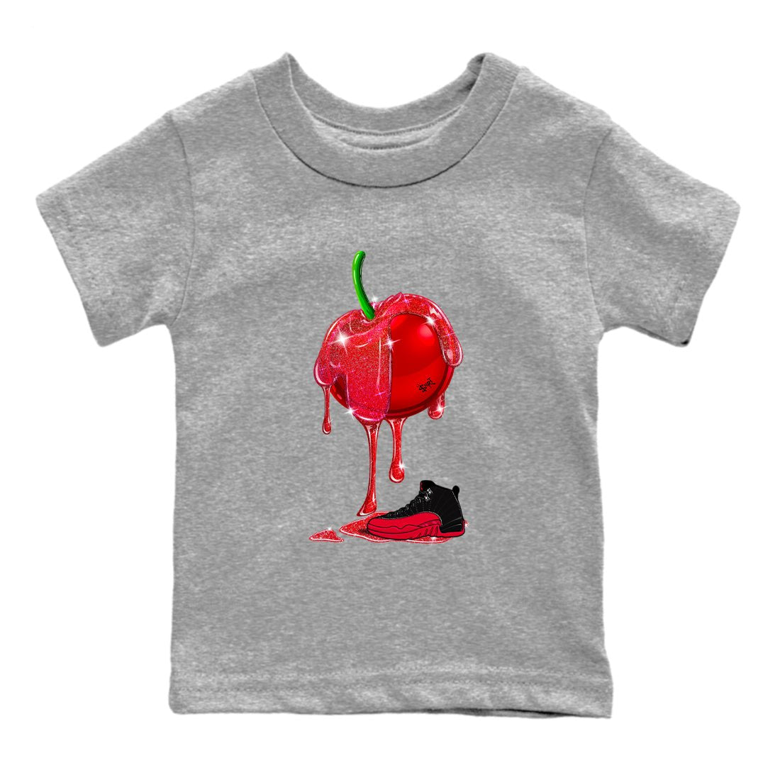 12s Flu Game shirts to match jordans Dripping Cherries best t shirts to wear with jordans Air Jordan 12 Retro Flu Black and Varsity Red match shoes to clothes SNRT Sneaker Tees Youth Baby Heather Grey 2 tee