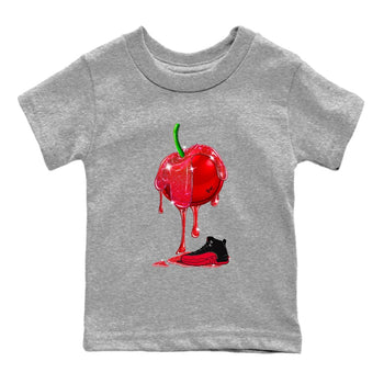 12s Flu Game shirts to match jordans Dripping Cherries best t shirts to wear with jordans Air Jordan 12 Retro Flu Black and Varsity Red match shoes to clothes SNRT Sneaker Tees Youth Baby Heather Grey 2 tee