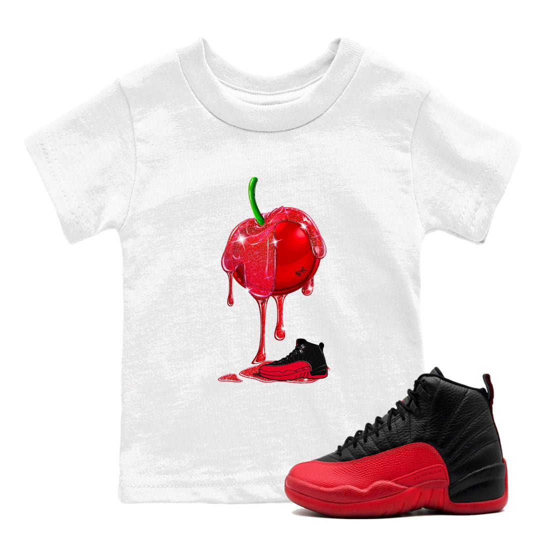 12s Flu Game shirts to match jordans Dripping Cherries best t shirts to wear with jordans Air Jordan 12 Retro Flu Black and Varsity Red match shoes to clothes SNRT Sneaker Tees Youth Baby White 1 tee
