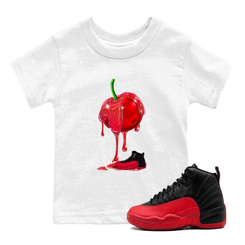 12s Flu Game shirts to match jordans Dripping Cherries best t shirts to wear with jordans Air Jordan 12 Retro Flu Black and Varsity Red match shoes to clothes SNRT Sneaker Tees Youth Baby White 1 tee