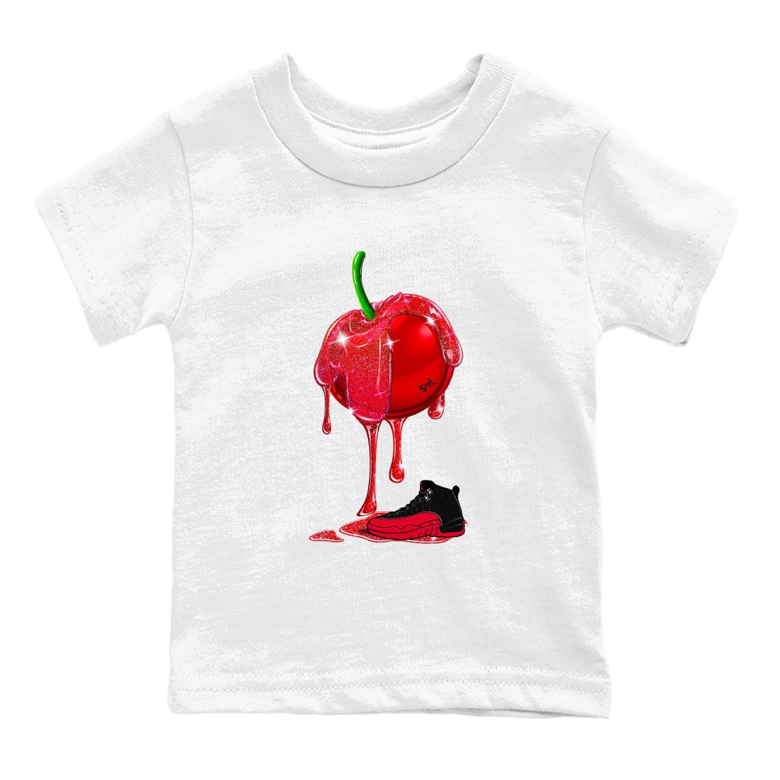 12s Flu Game shirts to match jordans Dripping Cherries best t shirts to wear with jordans Air Jordan 12 Retro Flu Black and Varsity Red match shoes to clothes SNRT Sneaker Tees Youth Baby White 2 tee