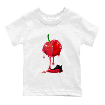 12s Flu Game shirts to match jordans Dripping Cherries best t shirts to wear with jordans Air Jordan 12 Retro Flu Black and Varsity Red match shoes to clothes SNRT Sneaker Tees Youth Baby White 2 tee