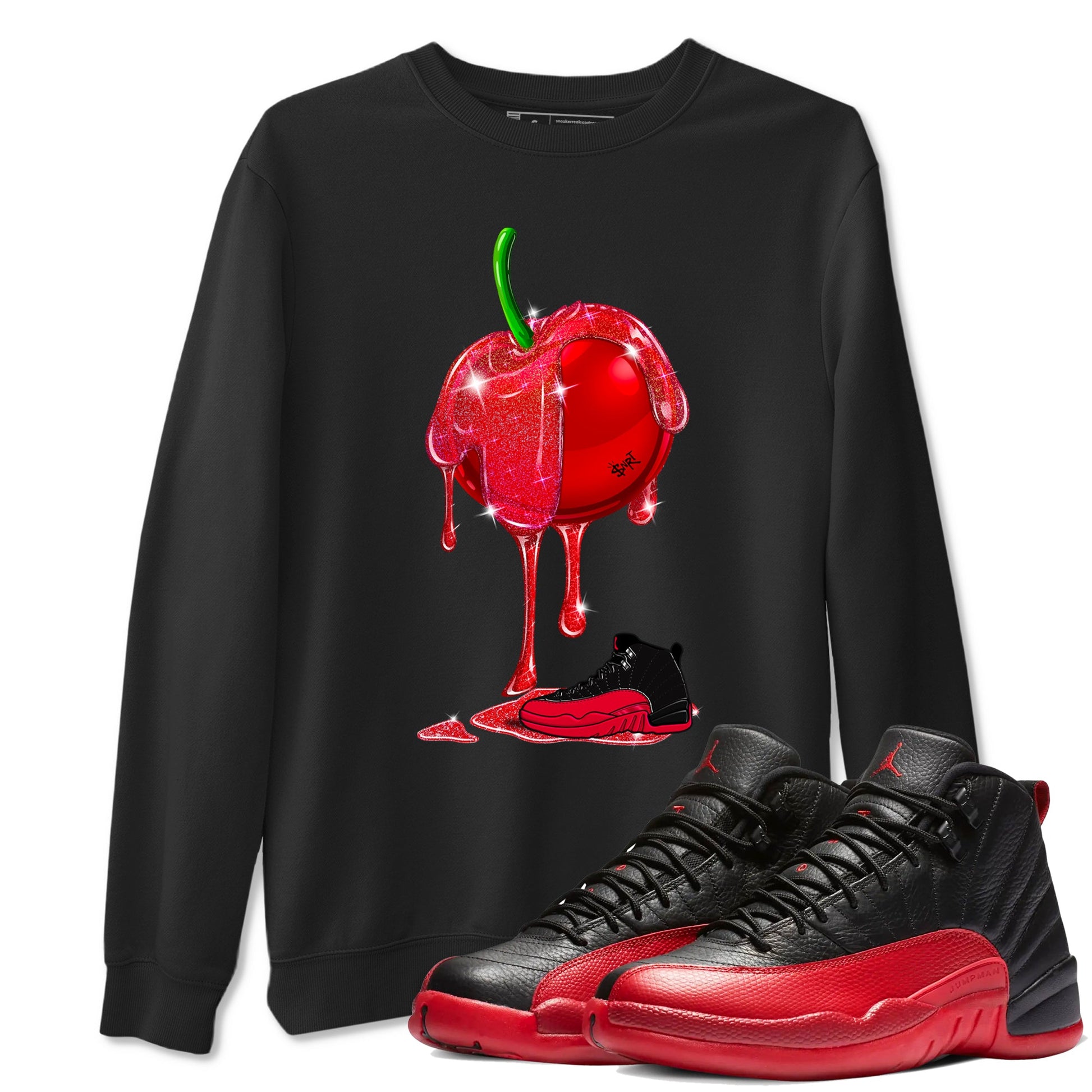 12s Flu Game shirts to match jordans Dripping Cherries best t shirts to wear with jordans Air Jordan 12 Retro Flu Black and Varsity Red match shoes to clothes SNRT Sneaker Tees unisex cotton Black 1 shirts