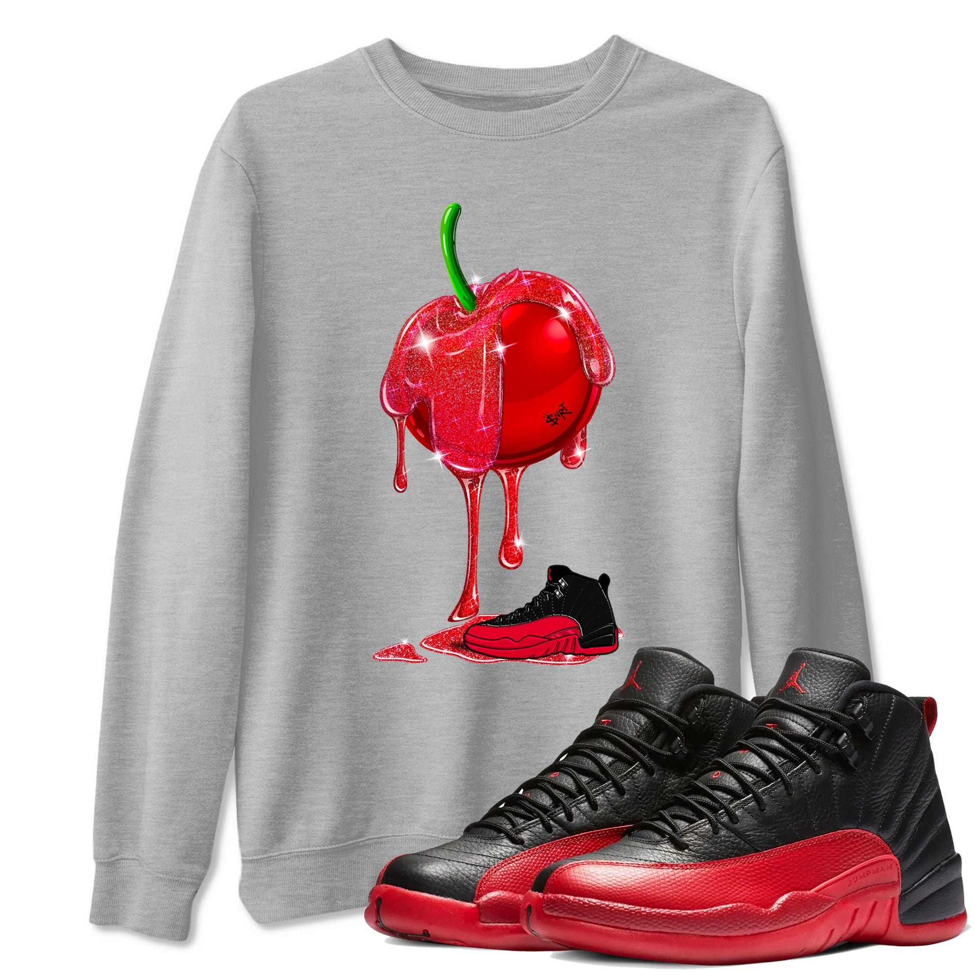12s Flu Game shirts to match jordans Dripping Cherries best t shirts to wear with jordans Air Jordan 12 Retro Flu Black and Varsity Red match shoes to clothes SNRT Sneaker Tees unisex cotton Heather Grey 1 shirts