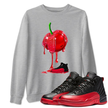 12s Flu Game shirts to match jordans Dripping Cherries best t shirts to wear with jordans Air Jordan 12 Retro Flu Black and Varsity Red match shoes to clothes SNRT Sneaker Tees unisex cotton Heather Grey 1 shirts