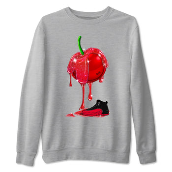 12s Flu Game shirts to match jordans Dripping Cherries best t shirts to wear with jordans Air Jordan 12 Retro Flu Black and Varsity Red match shoes to clothes SNRT Sneaker Tees unisex cotton Heather Grey 2 shirts