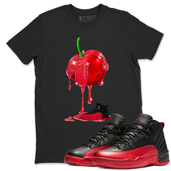 12s Flu Game shirts to match jordans Dripping Cherries best t shirts to wear with jordans Air Jordan 12 Retro Flu Black and Varsity Red match shoes to clothes SNRT Sneaker Tees unisex cotton Black 1 shirts