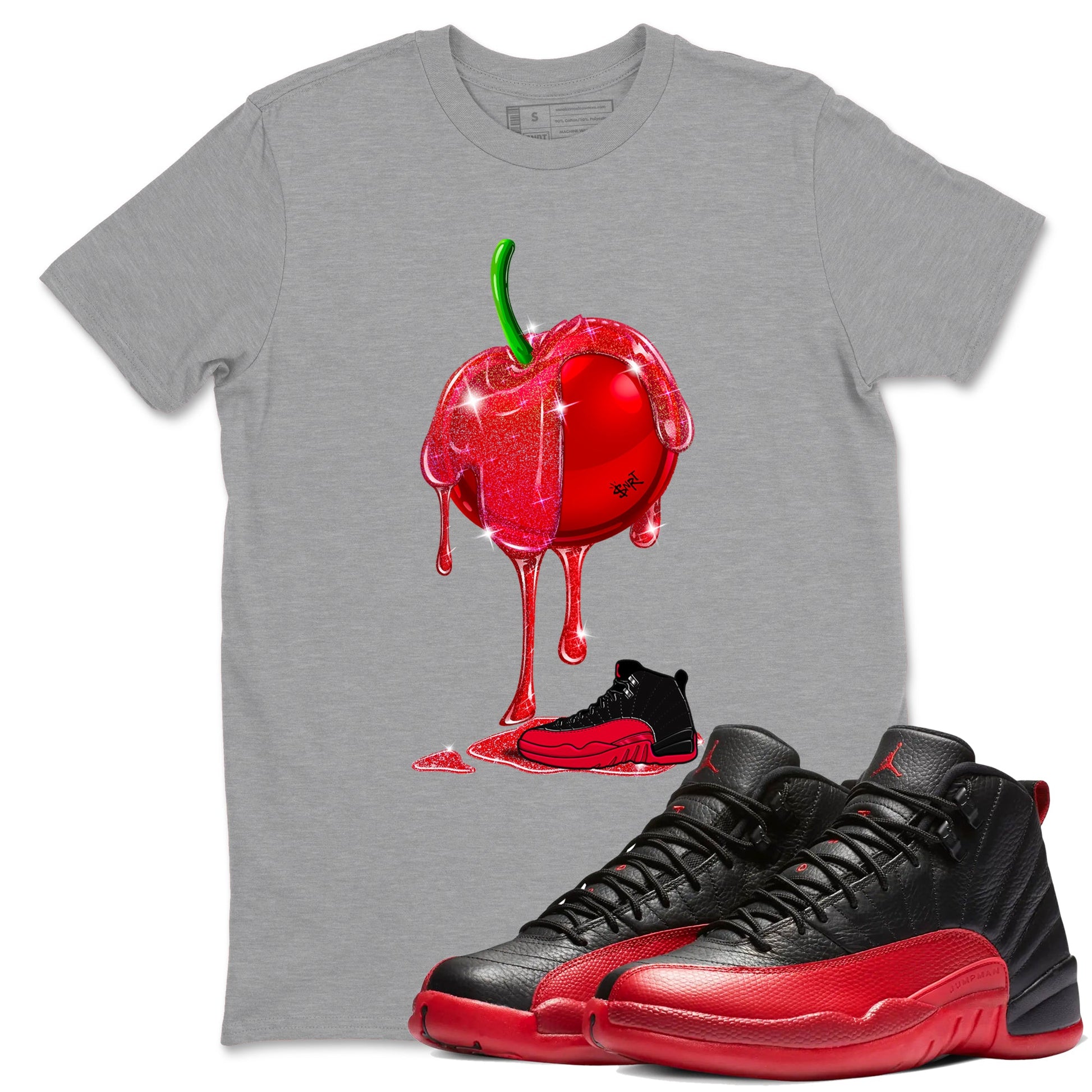 12s Flu Game shirts to match jordans Dripping Cherries best t shirts to wear with jordans Air Jordan 12 Retro Flu Black and Varsity Red match shoes to clothes SNRT Sneaker Tees unisex cotton Heather Grey 1 shirts