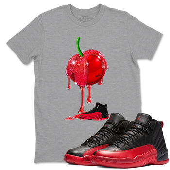 12s Flu Game shirts to match jordans Dripping Cherries best t shirts to wear with jordans Air Jordan 12 Retro Flu Black and Varsity Red match shoes to clothes SNRT Sneaker Tees unisex cotton Heather Grey 1 shirts