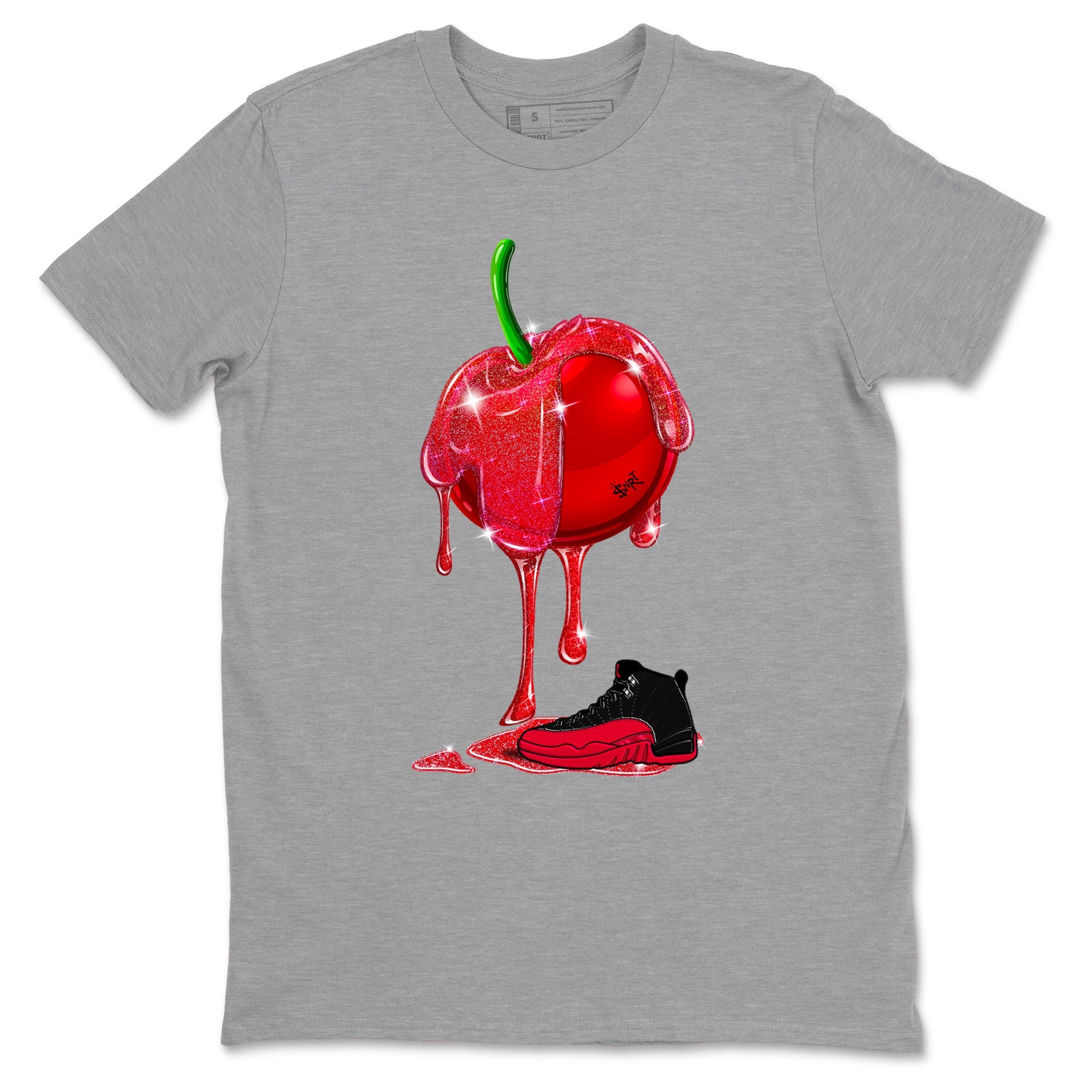12s Flu Game shirts to match jordans Dripping Cherries best t shirts to wear with jordans Air Jordan 12 Retro Flu Black and Varsity Red match shoes to clothes SNRT Sneaker Tees unisex cotton Heather Grey 2 shirts