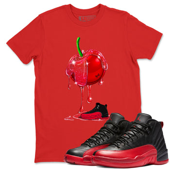 12s Flu Game shirts to match jordans Dripping Cherries best t shirts to wear with jordans Air Jordan 12 Retro Flu Black and Varsity Red match shoes to clothes SNRT Sneaker Tees unisex cotton Red 1 shirts