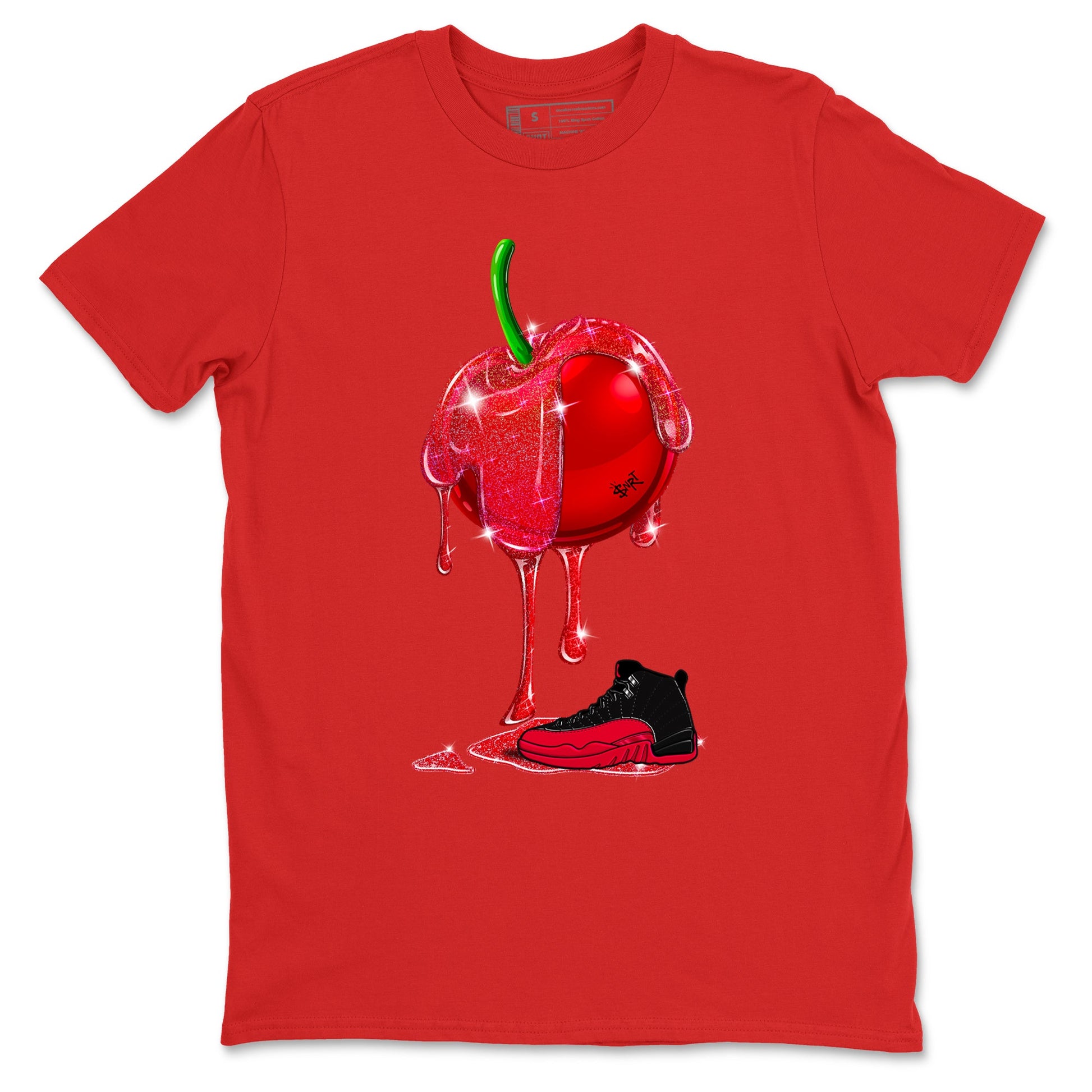 12s Flu Game shirts to match jordans Dripping Cherries best t shirts to wear with jordans Air Jordan 12 Retro Flu Black and Varsity Red match shoes to clothes SNRT Sneaker Tees unisex cotton Red 2 shirts
