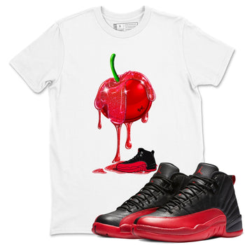 12s Flu Game shirts to match jordans Dripping Cherries best t shirts to wear with jordans Air Jordan 12 Retro Flu Black and Varsity Red match shoes to clothes SNRT Sneaker Tees unisex cotton White 1 shirts