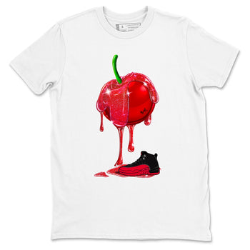12s Flu Game shirts to match jordans Dripping Cherries best t shirts to wear with jordans Air Jordan 12 Retro Flu Black and Varsity Red match shoes to clothes SNRT Sneaker Tees unisex cotton White 2 shirts