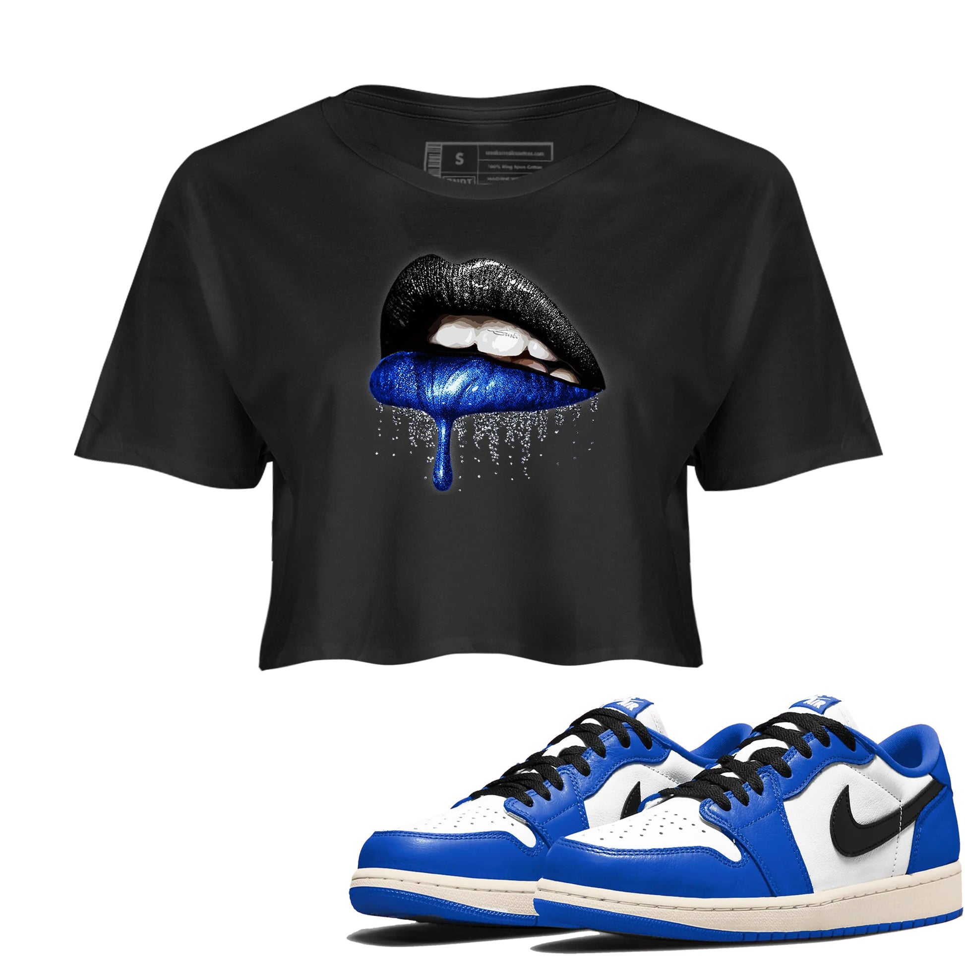 1s Game Royal shirts to match jordans Dripping Lips sneaker match tees Air Jordan 1 Retro Low OG Game Royal match shoes to clothes SNRT Sneaker Tees unisex cotton Black 1 crop tee