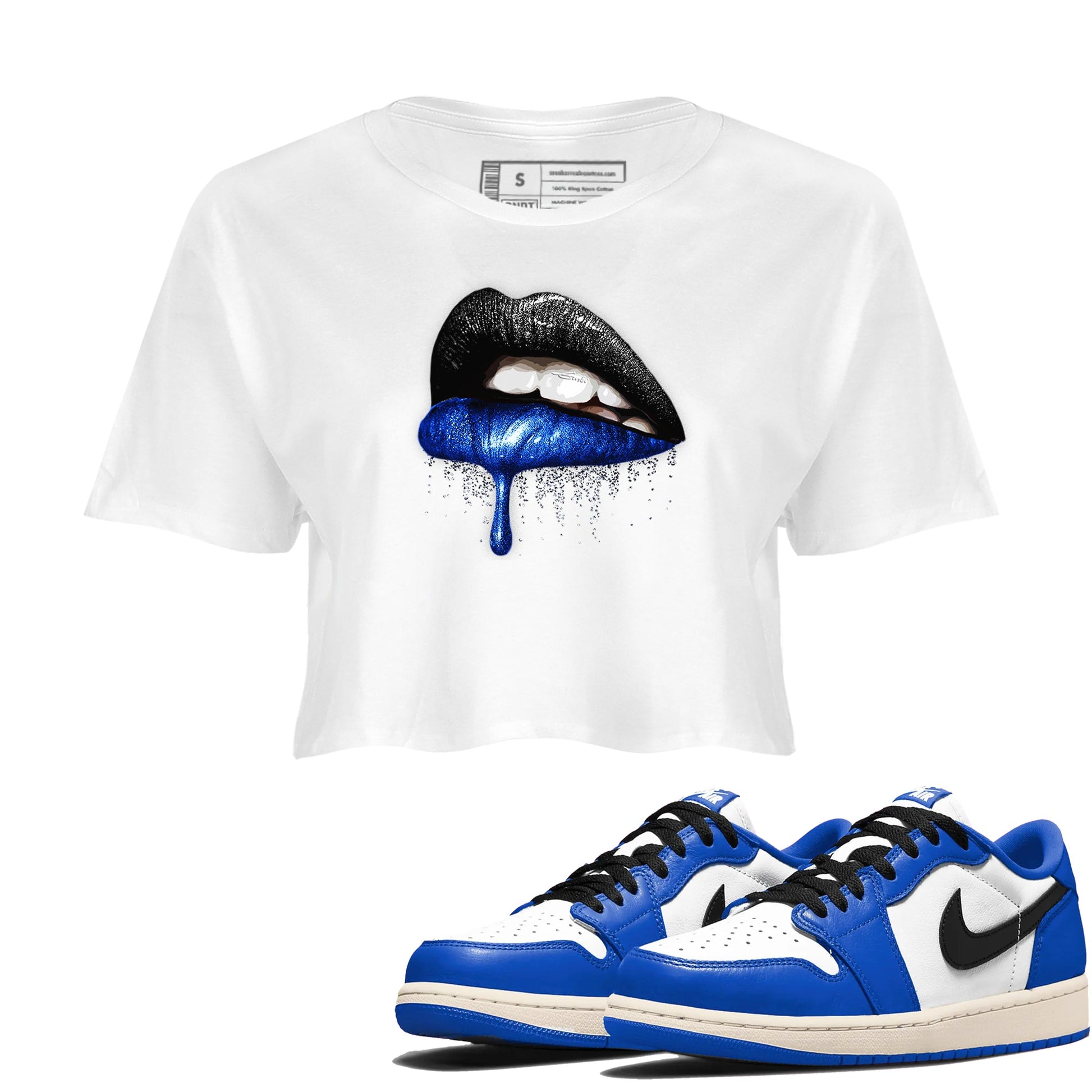 1s Game Royal shirts to match jordans Dripping Lips sneaker match tees Air Jordan 1 Retro Low OG Game Royal match shoes to clothes SNRT Sneaker Tees unisex cotton White 1 crop tee
