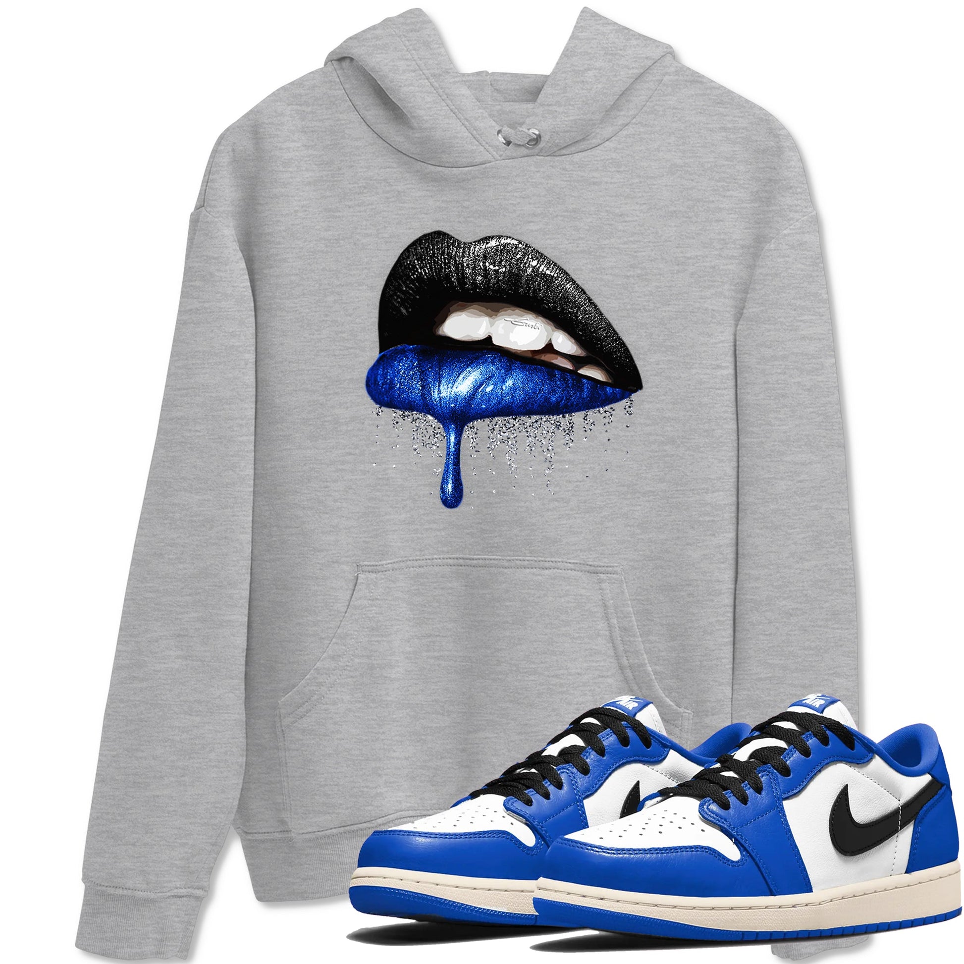 1s Game Royal shirts to match jordans Dripping Lips sneaker match tees Air Jordan 1 Retro Low OG Game Royal match shoes to clothes SNRT Sneaker Tees unisex cotton Heather Grey 1 shirts