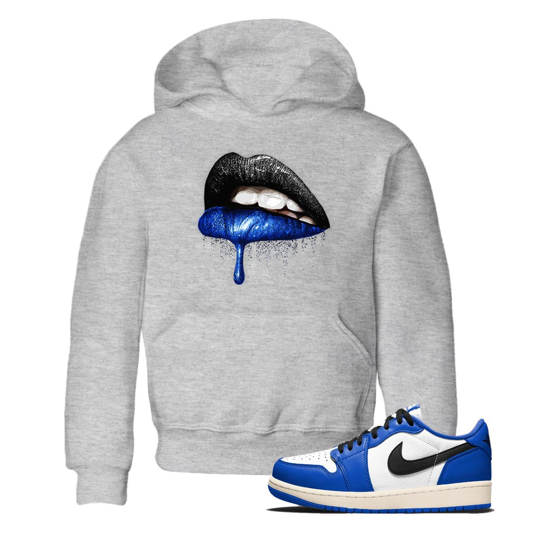 1s Game Royal shirts to match jordans Dripping Lips sneaker match tees Air Jordan 1 Retro Low OG Game Royal match shoes to clothes SNRT Sneaker Tees Youth Baby Heather Grey 1 tee