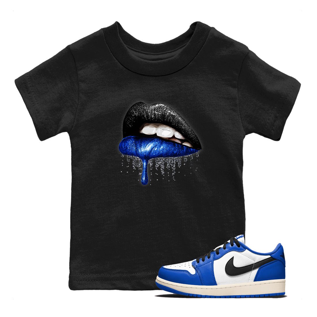 1s Game Royal shirts to match jordans Dripping Lips sneaker match tees Air Jordan 1 Retro Low OG Game Royal match shoes to clothes SNRT Sneaker Tees Youth Baby Black 1 tee