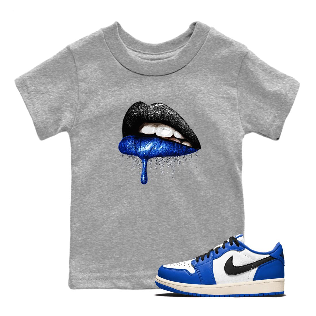 1s Game Royal shirts to match jordans Dripping Lips sneaker match tees Air Jordan 1 Retro Low OG Game Royal match shoes to clothes SNRT Sneaker Tees Youth Baby Heather Grey 1 tee
