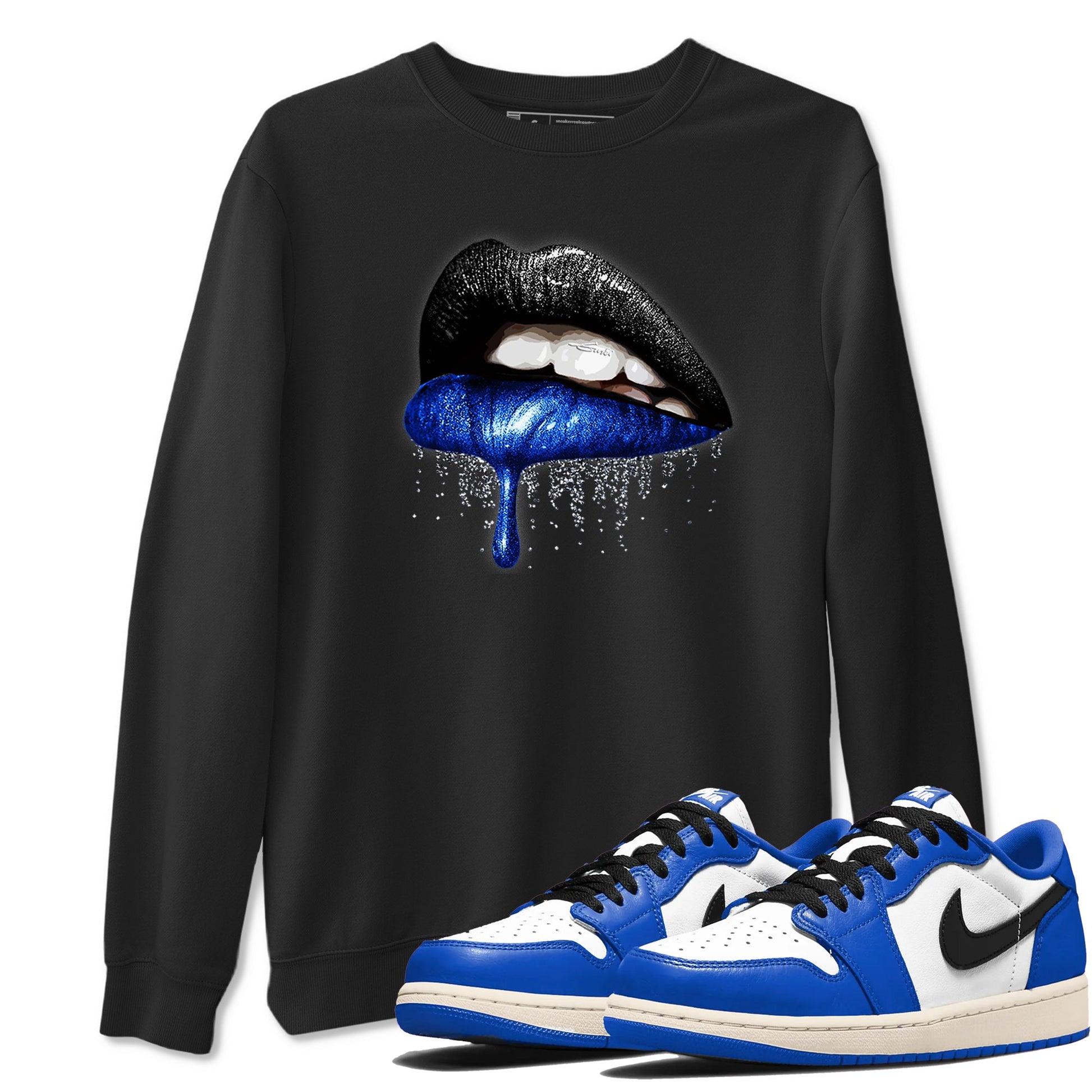 1s Game Royal shirts to match jordans Dripping Lips sneaker match tees Air Jordan 1 Retro Low OG Game Royal match shoes to clothes SNRT Sneaker Tees unisex cotton Black 1 shirts