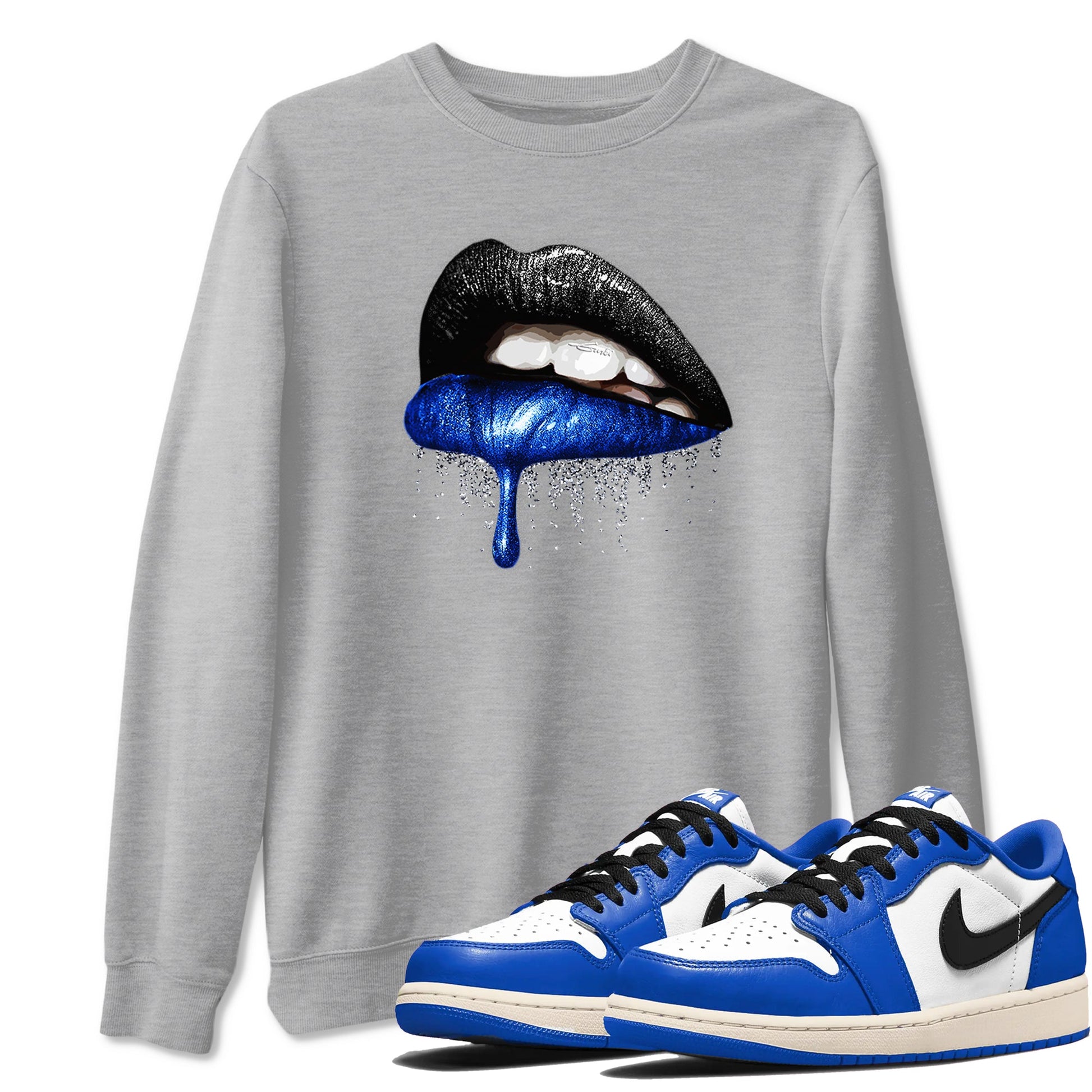 1s Game Royal shirts to match jordans Dripping Lips sneaker match tees Air Jordan 1 Retro Low OG Game Royal match shoes to clothes SNRT Sneaker Tees unisex cotton Heather Grey 1 shirts