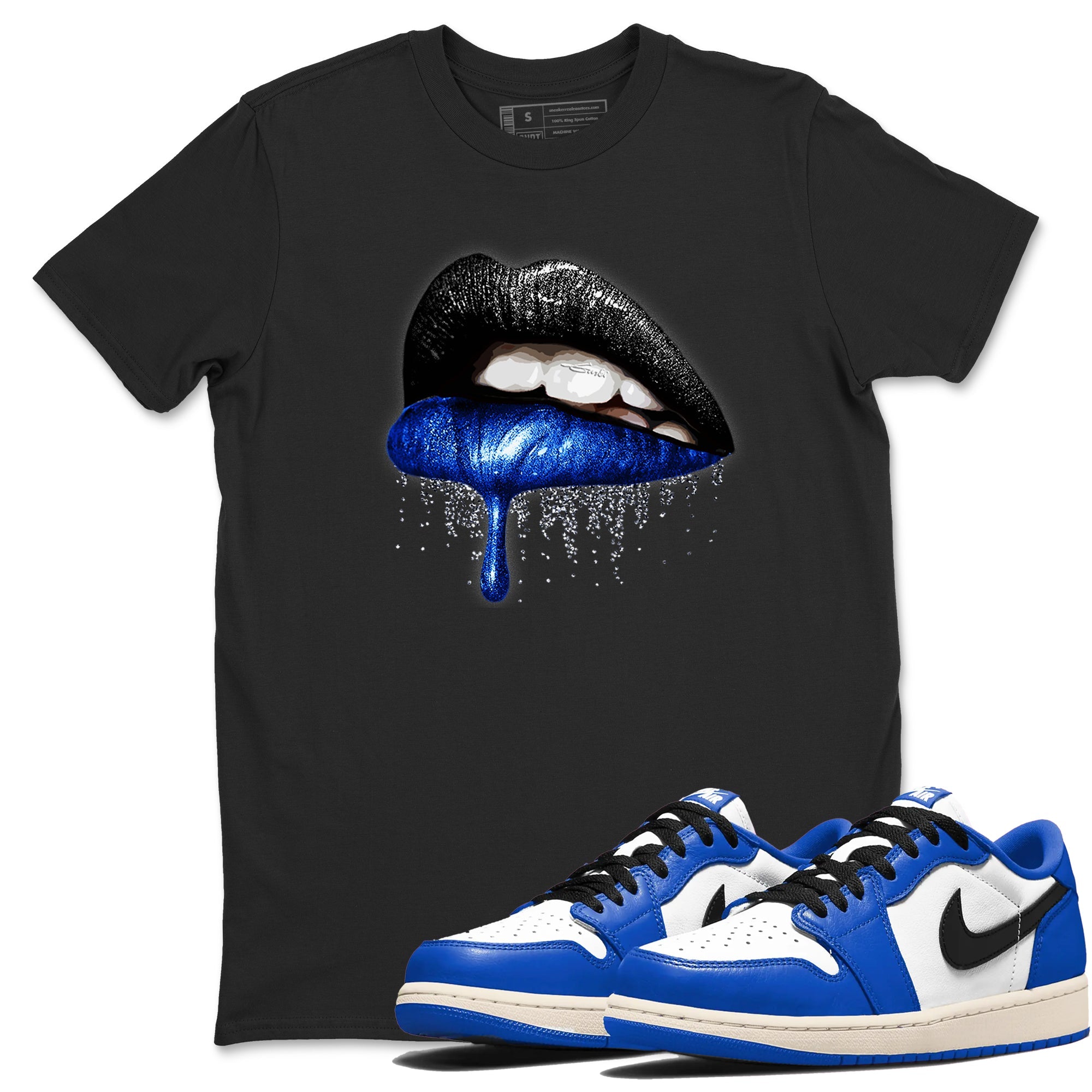 1s Game Royal shirts to match jordans Dripping Lips sneaker match tees Air Jordan 1 Retro Low OG Game Royal match shoes to clothes SNRT Sneaker Tees unisex cotton Black 1 shirts