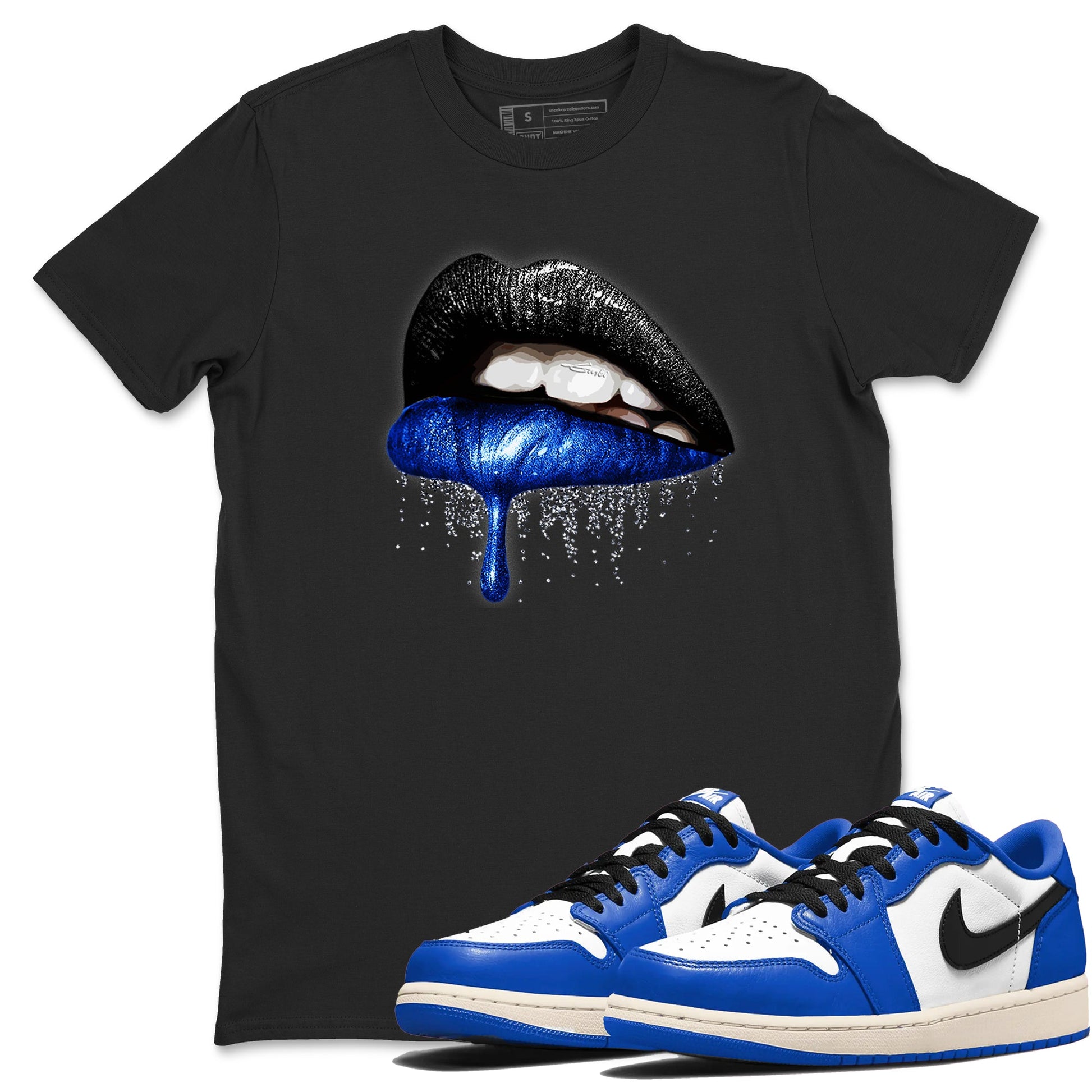 1s Game Royal shirts to match jordans Dripping Lips sneaker match tees Air Jordan 1 Retro Low OG Game Royal match shoes to clothes SNRT Sneaker Tees unisex cotton Black 1 shirts
