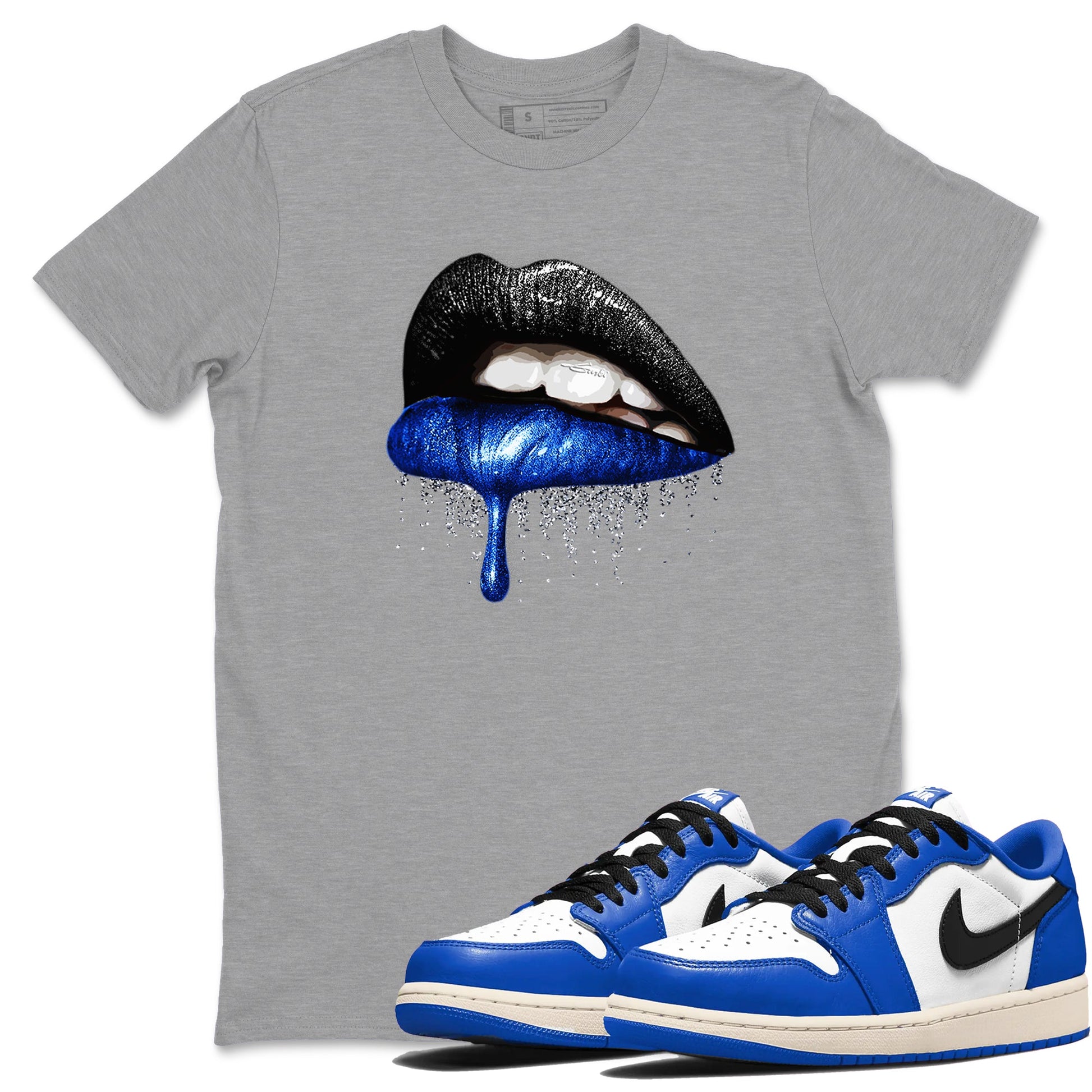 1s Game Royal shirts to match jordans Dripping Lips sneaker match tees Air Jordan 1 Retro Low OG Game Royal match shoes to clothes SNRT Sneaker Tees unisex cotton Heather Grey 1 shirts