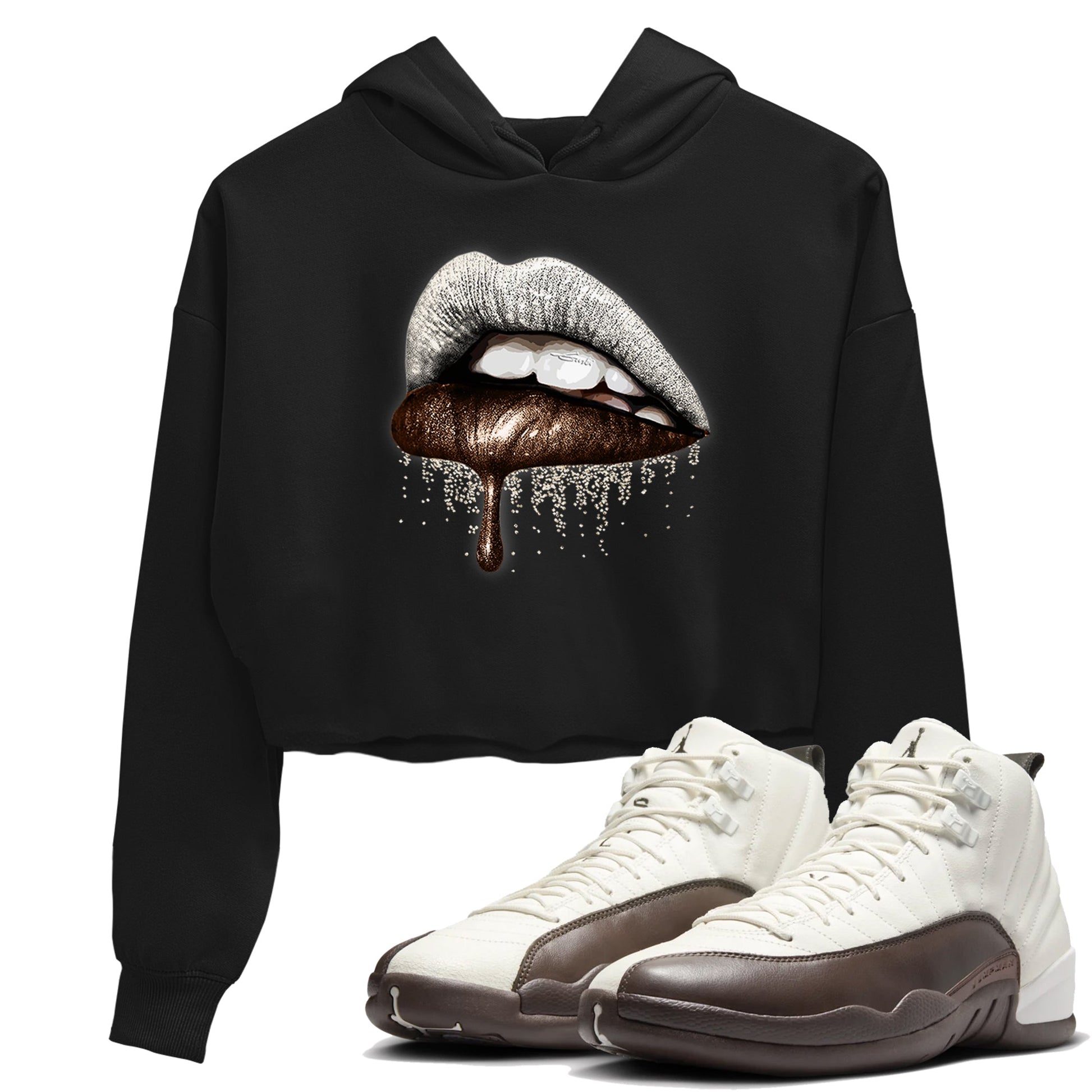 AJ12 Baroque Brown shirts to match jordans Dripping Lips best t shirts to wear with jordans SoleFly x Jordan 12 Baroque Brown match shoes to clothes SNRT Sneaker Tees unisex cotton Black 1 crop tee