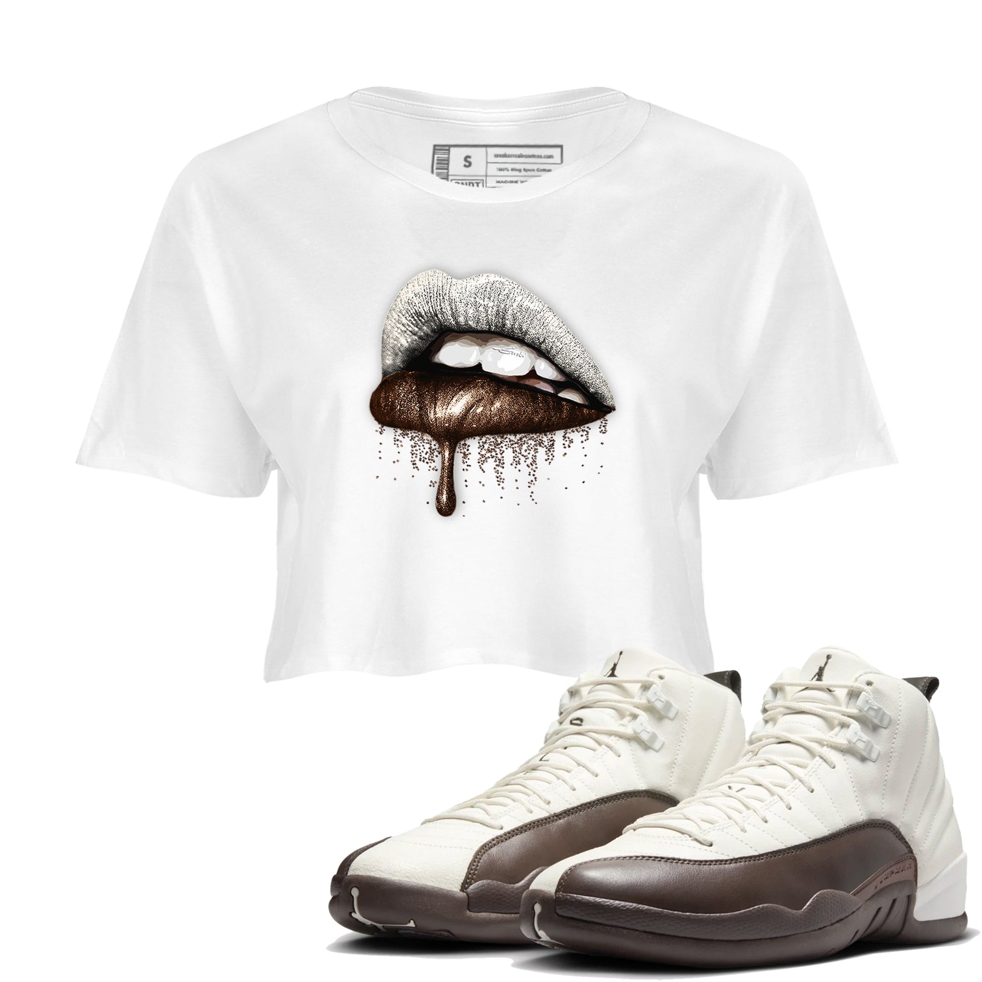 AJ12 Baroque Brown shirts to match jordans Dripping Lips best t shirts to wear with jordans SoleFly x Jordan 12 Baroque Brown match shoes to clothes SNRT Sneaker Tees unisex cotton White 1 crop tee