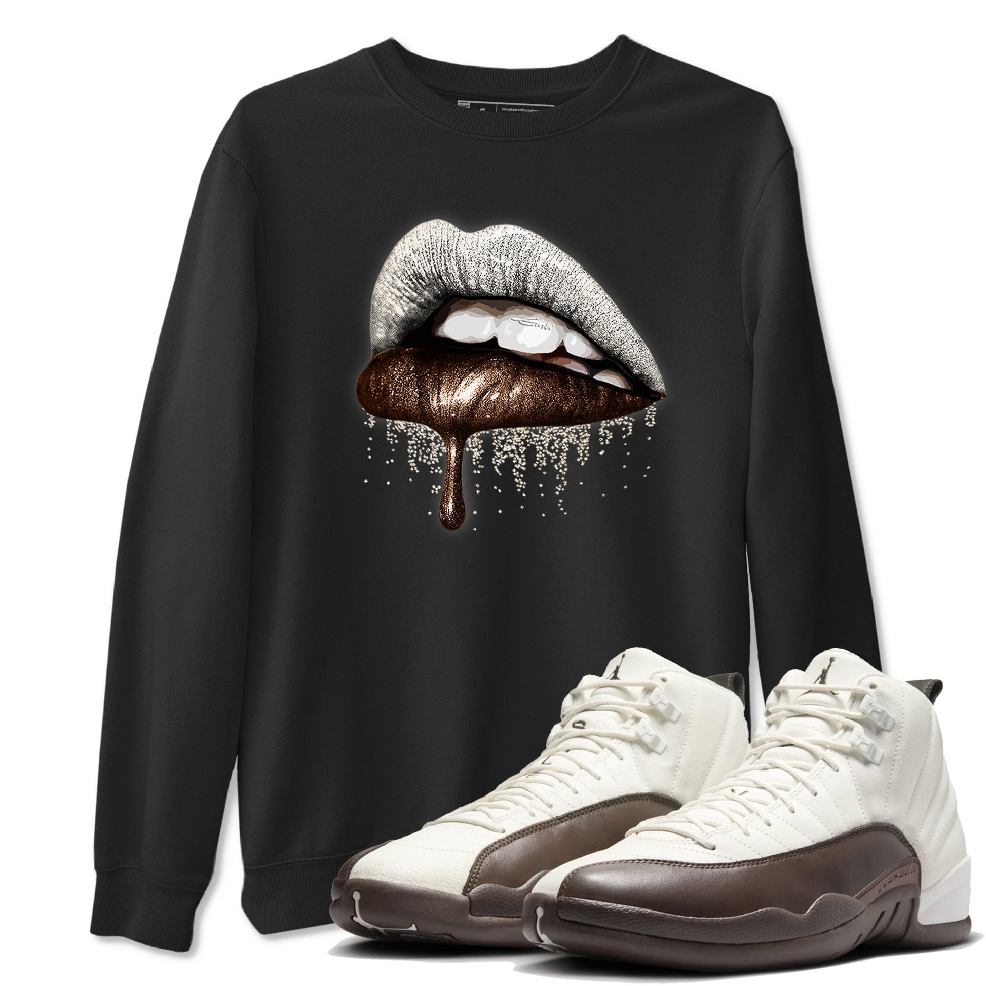 AJ12 Baroque Brown shirts to match jordans Dripping Lips best t shirts to wear with jordans SoleFly x Jordan 12 Baroque Brown match shoes to clothes SNRT Sneaker Tees unisex cotton Black 1 shirts