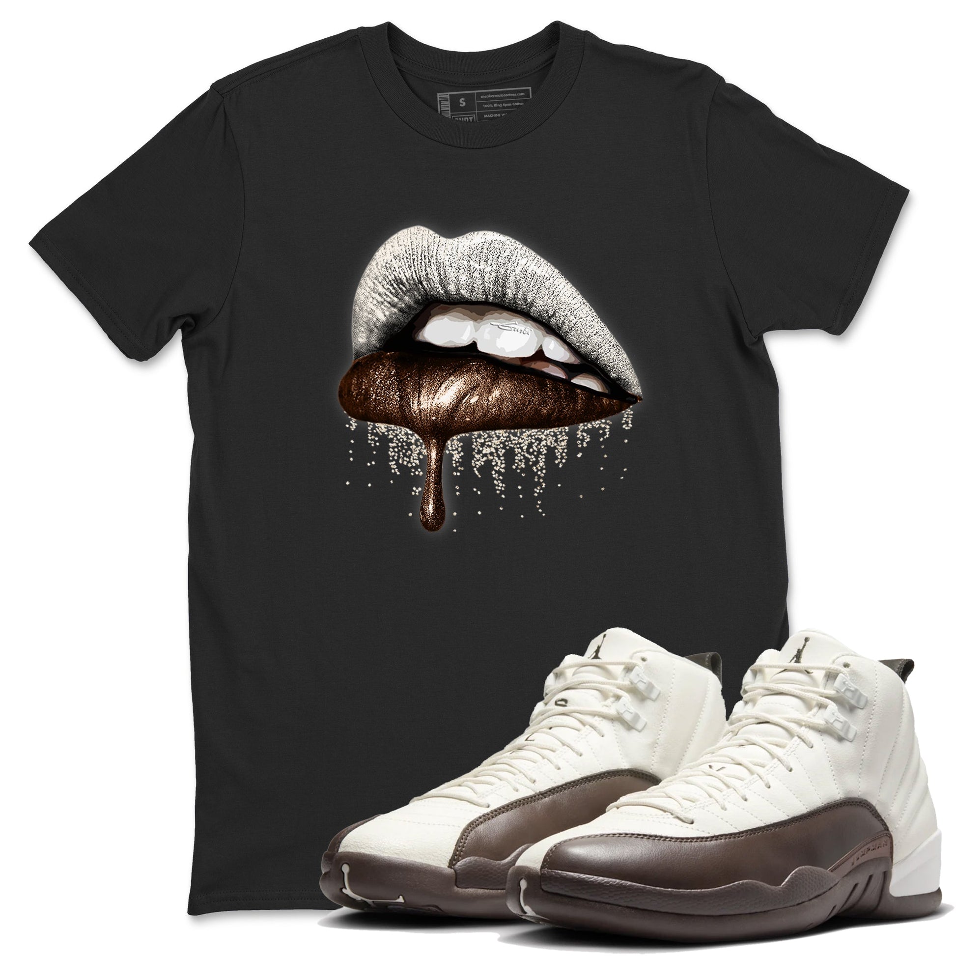 AJ12 Baroque Brown shirts to match jordans Dripping Lips best t shirts to wear with jordans SoleFly x Jordan 12 Baroque Brown match shoes to clothes SNRT Sneaker Tees unisex cotton Black 1 shirts